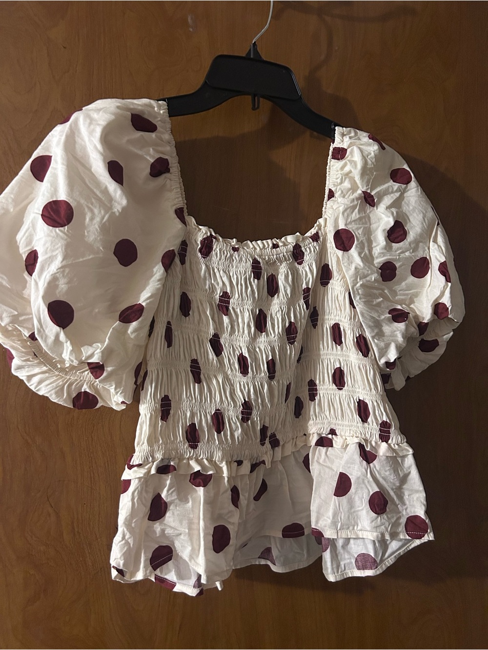 Francesca's Collections White Smocked Puff Sleeve Top with Burgundy Polka Dots